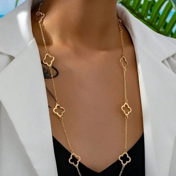 Yellow Gold Women's One Hollow Out Clover Pendant Long Chain Vintage Neclace - Picture 2 of 6